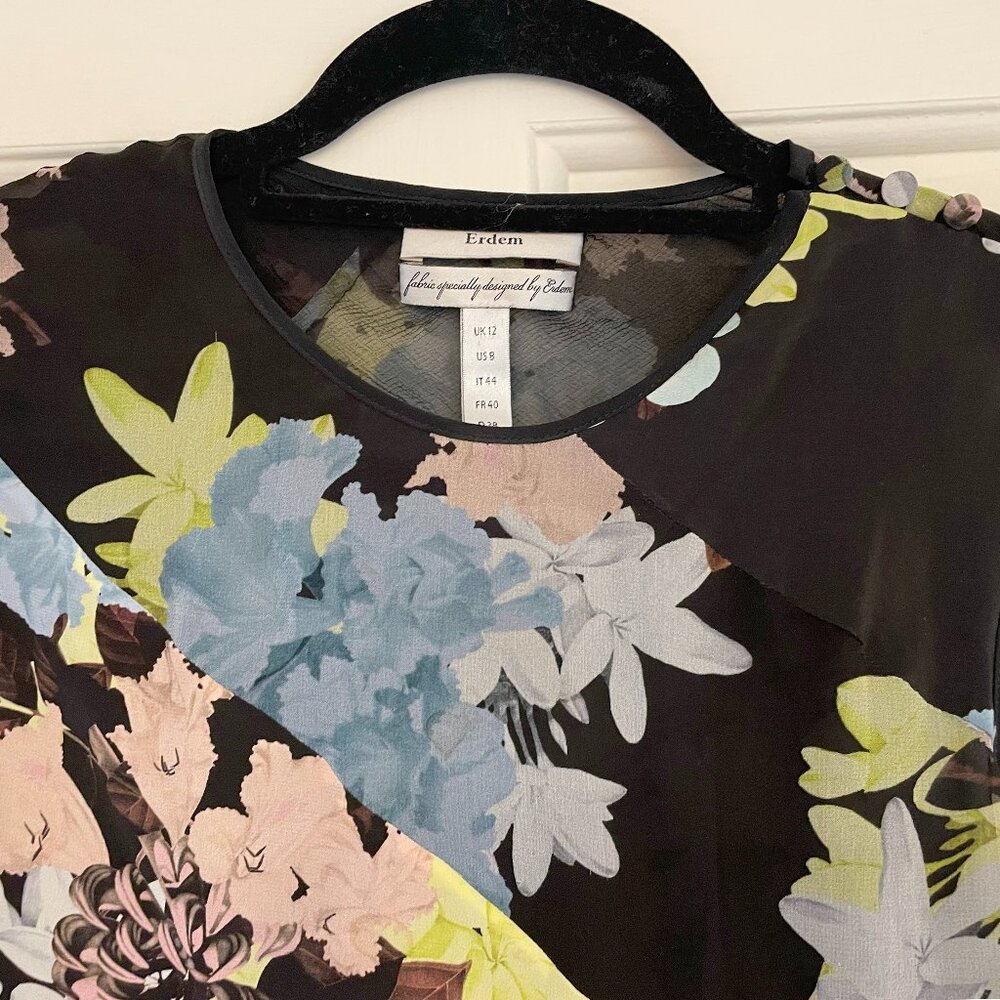 ERDEM Black Floral Silk Top with Pastel Blue, Pink & Lime Blooms